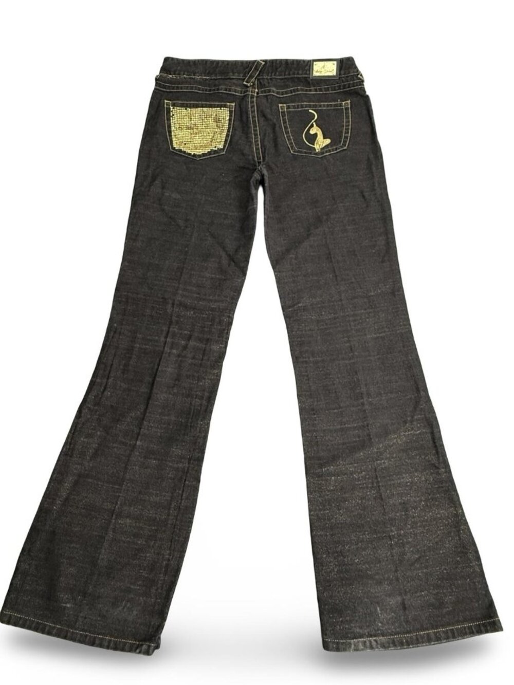 Vtg Baby Phat Y2K Flare Jeans Sz 15 Black Wash Metallic Gold Sequins Cat 35x32